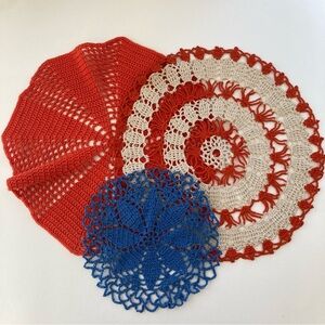 Elegant Crochet Doily Set - Red, Blue, and Cream Colorful Decor Boho Style